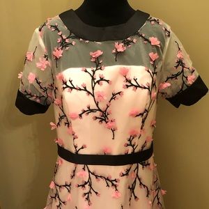 Pink Short Sleeve 3D Flower Prom Dress